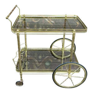 Maison Jansen Style Two Tiered Brass Bar Cart Hollywood Regency
