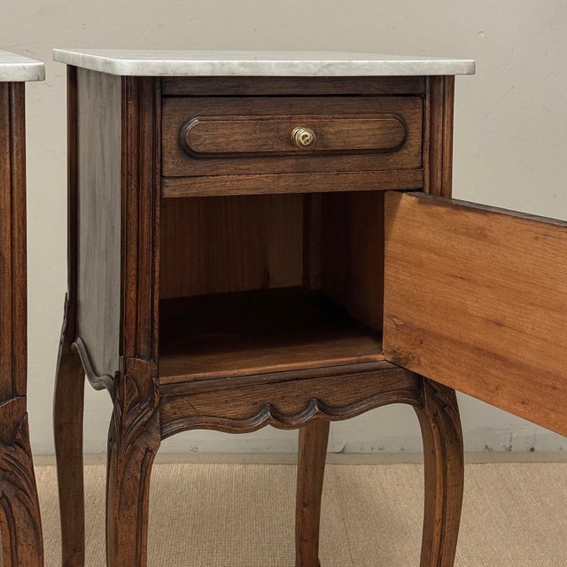 Pair of Antique French Louis XV Oak Nightstands With Carrara Marble For Sale - Image 15 of 18