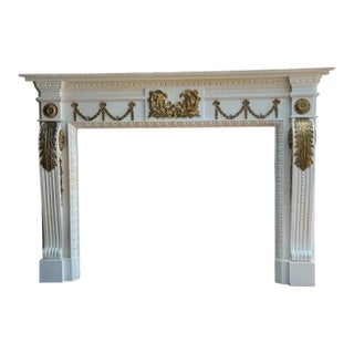 Monumental Hand-Carved Louis XVI Style White & Gilt Architectural Fireplace Mantel, Solid Wood, 83”w For Sale