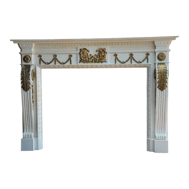 Monumental Hand-Carved Louis XVI Style White & Gilt Architectural Fireplace Mantel, Solid Wood, 83”w For Sale