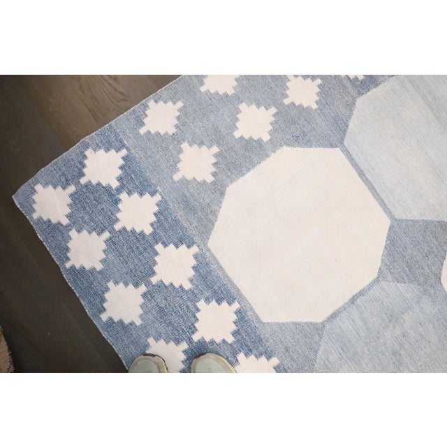 Indian Antique Zabihi Collection Massive White Blue Indian Dhurrie Rug - 13'7" x 18'2" For Sale - Image 3 of 12