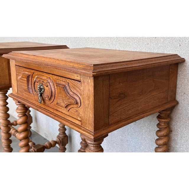 Wood Vintage French Nightstands in Solid Carved Oak With Turned Columns, Set of 2 For Sale - Image 7 of 12