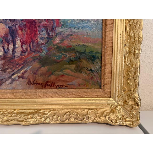 Red German School 1955 Signed Oil Painting Ox Cart Rural Landscape Framed Art For Sale - Image 8 of 10