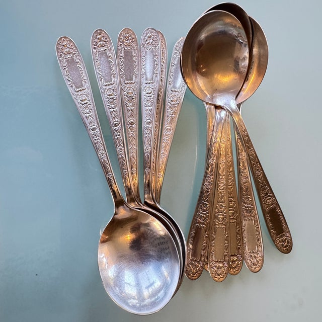 1930s Art Deco Bowl Soup Spoons (Gumbo) Mildred Silverplate, C1936 by National Silver Co 12 Pc Pruistine For Sale - Image 11 of 16