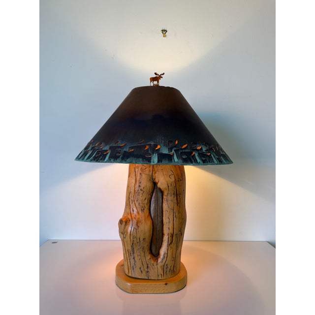 Rustic Vintage Rustic Adirondack South Western Style Table Lamp - With Copper Shade & Moose Finial For Sale - Image 3 of 15