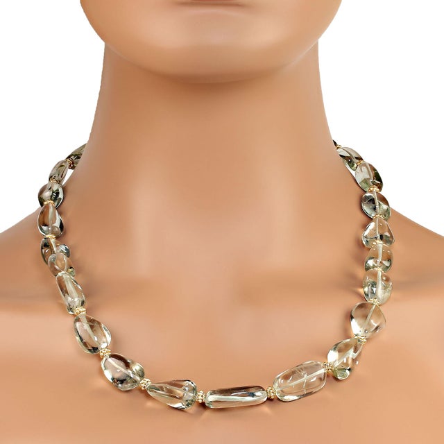 This is part of Chairish’s Costume Jewelry assortment. 22-Inch Smooth Prasiolite Nugget Necklace with Gold Vermeil Accents...