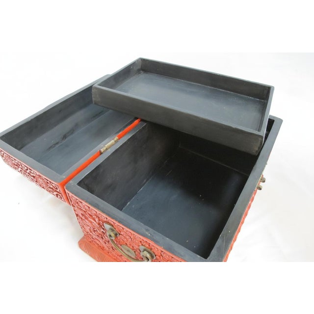 Large Chinese Cinnabar Lacquer Heavily Carved Dragon Motif Wood Box Chest For Sale - Image 10 of 16