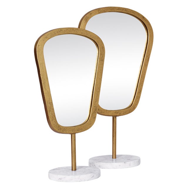 Contemporary Matthew Izzo Home Micah Small Aged Gold Table Top Mirror on Marble Pedestal Stand For Sale - Image 3 of 5