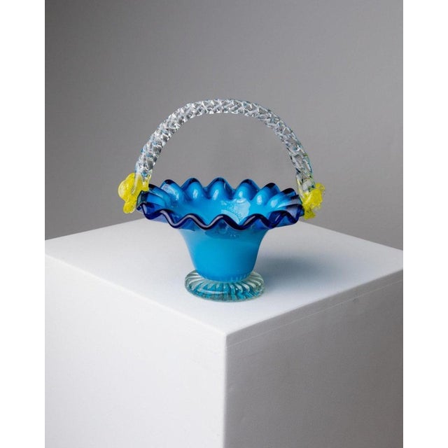 Mid-Century Blue and Yellow Murano Glass Bowl with Handle, Italy, 1970s For Sale - Image 13 of 13