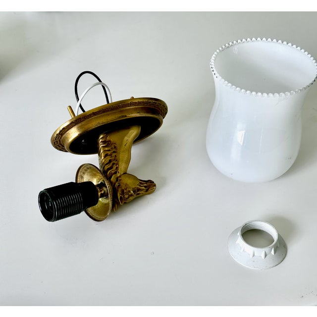 1950s French Neoclassical Brass Horse Sconces Opaline Shades by Maison Lancel For Sale - Image 13 of 15