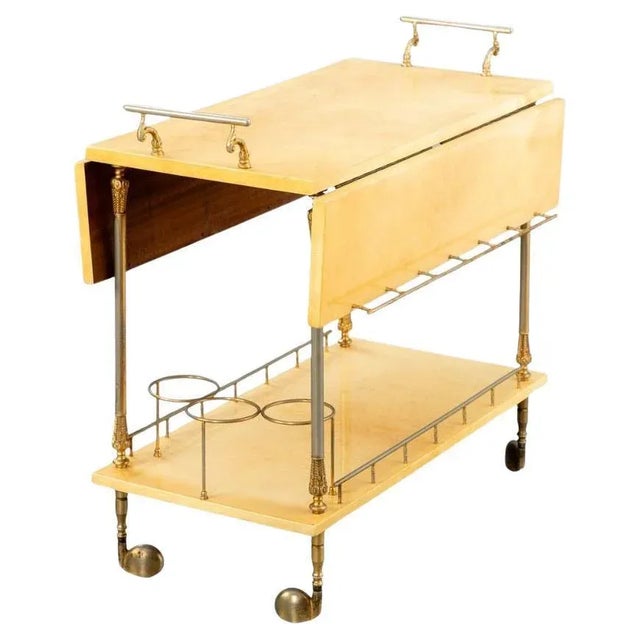 Mid-Century Modern Lacquered Goatskin and Brass Bar Cart attributed to Aldo Tura, 1970s For Sale - Image 6 of 6
