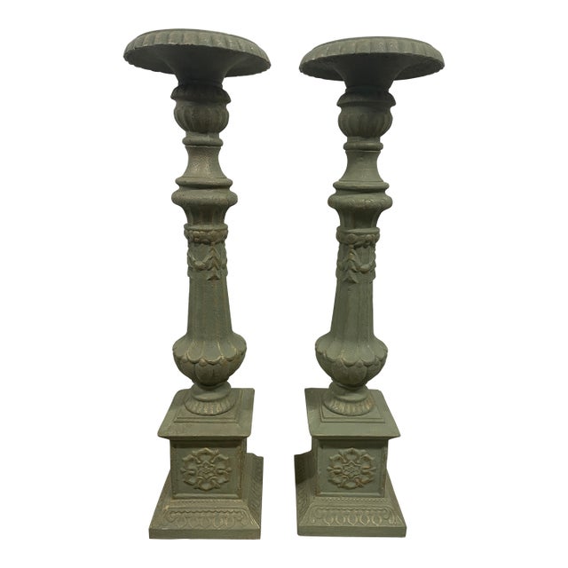 Monumental 41” Cast Iron Neoclassical Pricket Floor Candlesticks - A Pair For Sale