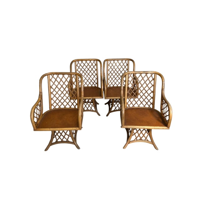 Tan Mid 20th Century Rattan Latticed Dining Set With Glass Top Table For Sale - Image 8 of 16