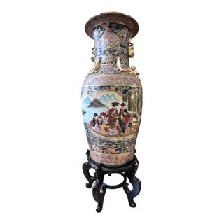 Vintage 36" Chinese "Royal Satsuma" Style Palace Floor Vase With Stand For Sale