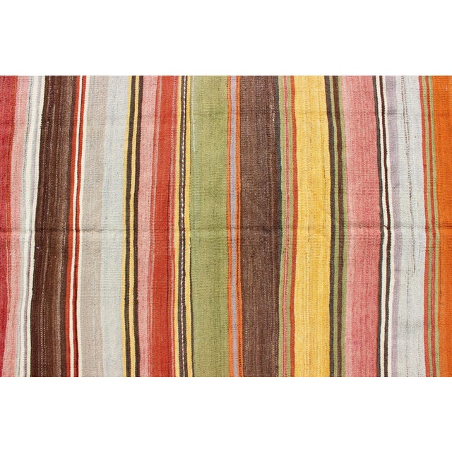 Mid 20th Century Colorful Large Gallery Runner Kilim Flat-Weave Rug With Horizontal Stripe Design For Sale - Image 9 of 12
