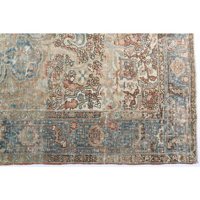 Mid 20th Century Antique Distressed Heriz Rug – Handwoven Wool on Cotton, Faded Blue & Terracotta Medallion Carpet -7' 11'' X 11' 2'' For Sale - Image 5 of 11