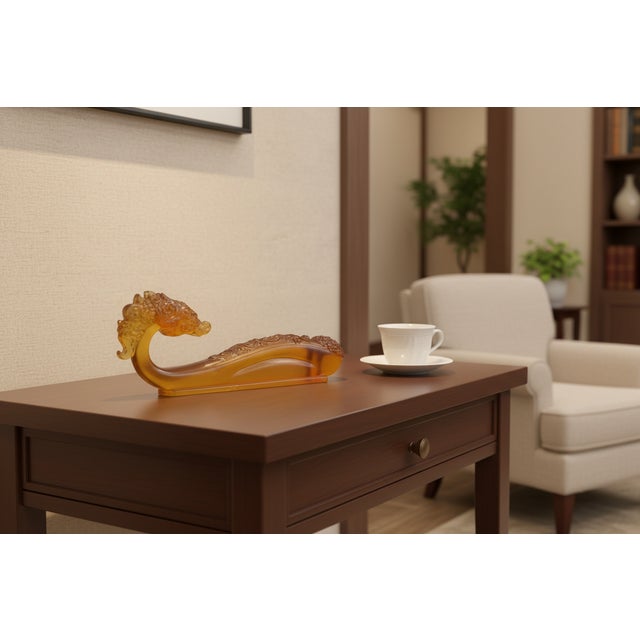 2002 Signed Liuligongfang Amber Crystal Dragon Ruyi Sculpture, Limited Edition No. 483, Loretta Yang Pâte De Verre Art Glass, Chinoiserie Decor For Sale - Image 9 of 9