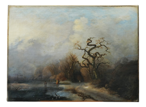 Charles Van Den Eycken the Elder, Winter Landscape with People on Ice, 1848, Oil on Canvas