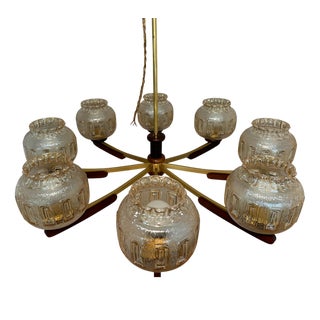 Vintage 8-Arm Chandelier with Textured Glass Shades and Wooden Elements, 1970s For Sale
