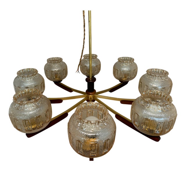 Vintage 8-Arm Chandelier with Textured Glass Shades and Wooden Elements, 1970s For Sale