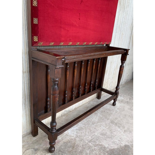 Wood 19th Large Carved Spanish Solid Walnut Coat Rack Stand with Red Velvet Back For Sale - Image 7 of 18