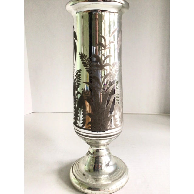 French 1920s Mercury Glass Vase With Etched Decal Design For Sale - Image 3 of 8