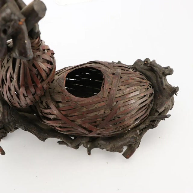 Meiji Japanese Bamboo Basket Hyotan Double Gourd Ikebana Flower Vase Antique Vintage Not Signed For Sale - Image 13 of 18