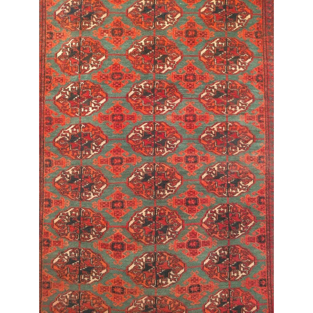 Vintage Turkmen Area Rug, Hand-Knotted Wool, Allover Geometric Pattern, Pistachio Green & Red, 4x8 For Sale - Image 12 of 18