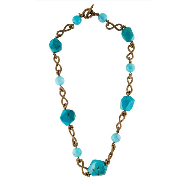 2010 Stephen Dweck Necklace Turquoise Nuggets Aqua Chalcedony 28” Bronze For Sale - Image 4 of 9