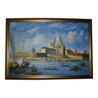 1970s Merchant in Venice Gondola Ride Signed Harris Oil on Canvas For Sale
