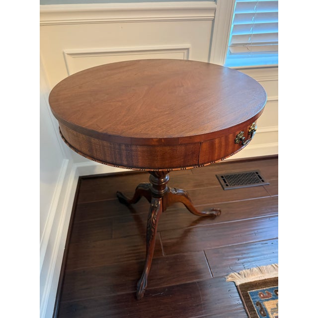 Vintage Chippendale-Style Mahogany Drum Table With Drawer & Claw Feet For Sale - Image 4 of 10
