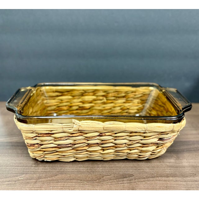Vintage Anchor Hocking Amber Glass Bakeware With Rattan Basket – 4 Piece Set – 1970s Glass Baking Dishes Casseroles For Sale - Image 12 of 12