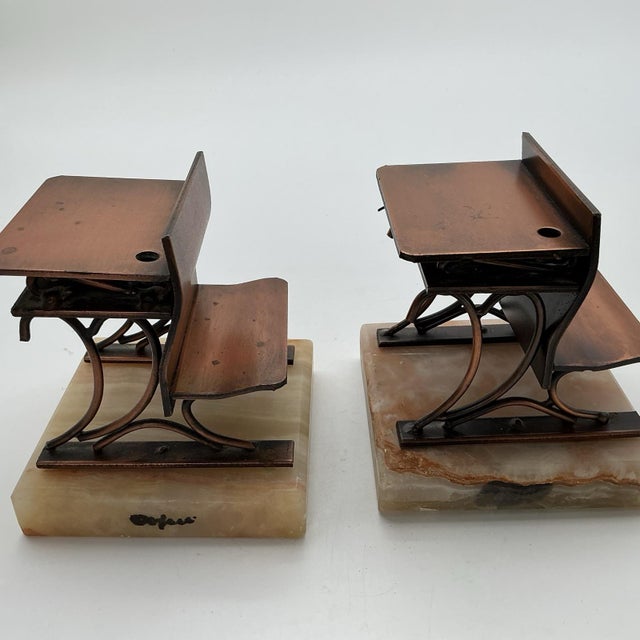 1972 C. Jere School Desk Bookends Pair Copper Onyx Bases Signed Artisan Hous For Sale - Image 4 of 8