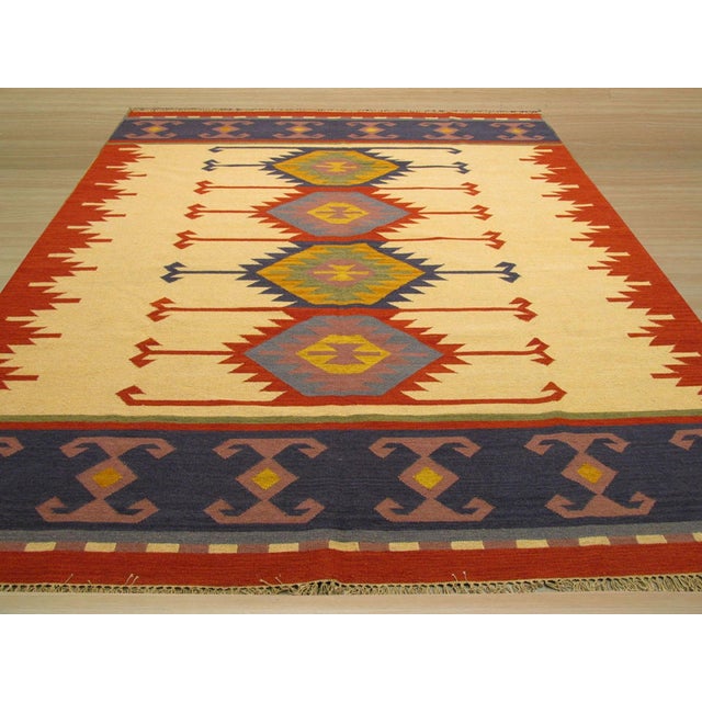 Traditional 5x8 Timeless Kilim Multicolor Geometric Modern Flatweave Wool Carpet Rug For Sale - Image 3 of 4