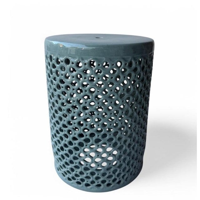 Lanie Celadon Blue Glaze Lattice Garden Stool For Sale - Image 4 of 10
