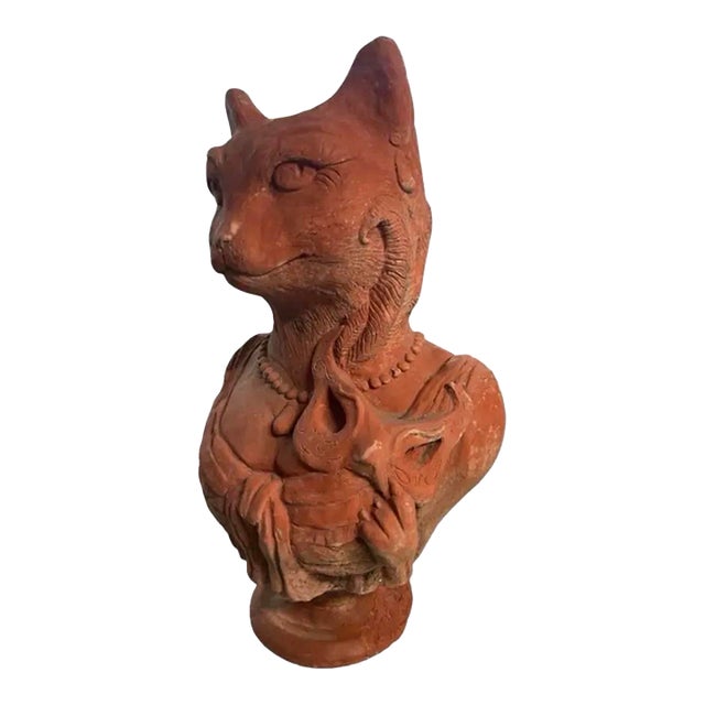 Vintage Anthropomorphic Cat Bust Sculpture in Terracotta-Colored Reconstituted Stone For Sale