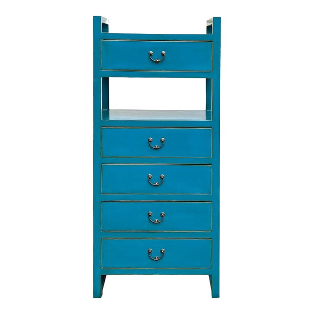 Oriental Bright Benitoite Blue Drawers Open Shelves Chest Cabinet Stand For Sale