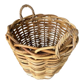 20thc Hand Made Willow Double Handled Basket For Sale