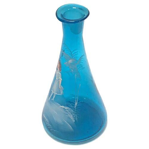 Antique Victorian Mary Gregory enamel painted blue glass vase of a young girl chasing butterflies. Mary Gregory was the...