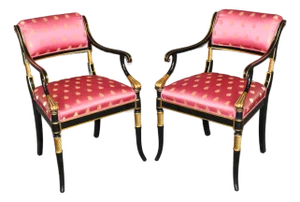 Pair of Hollywood Regency Style Ebonized & Gilt Armchairs by Karges