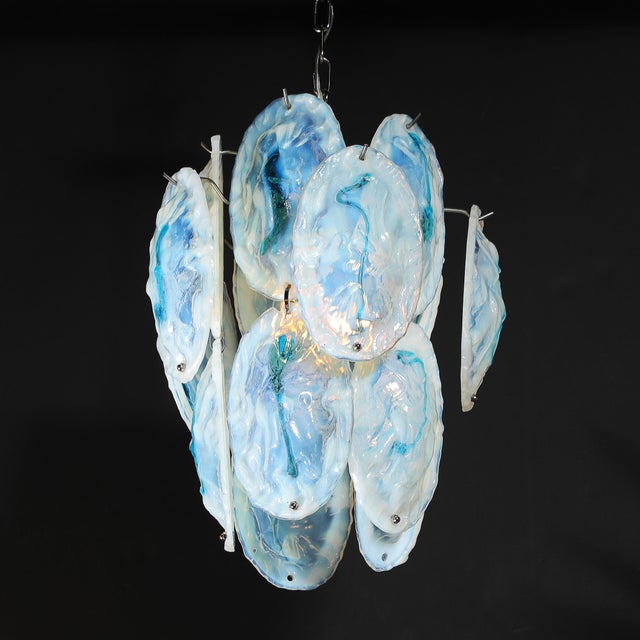 Mid-Century Hand-Blown Murano Opalescent & Cerulean Detail Glass Chandelier For Sale - Image 10 of 18