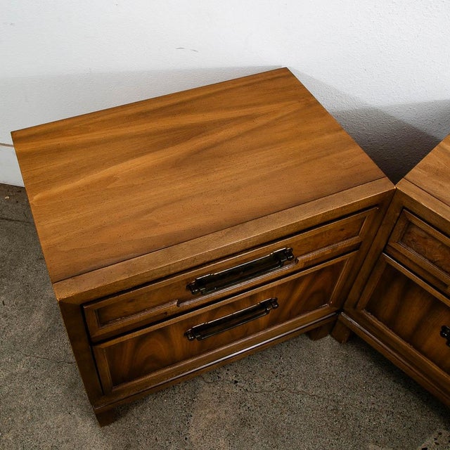 1960s 1960s Mid Century Modern American Set of Two Light Walnut Nightstands by Unagusta 2 Drawer For Sale - Image 5 of 12