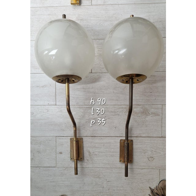 Metal Vintage Wall Lamps in Brass with Etched Glass Sphere, 1950s, Set of 2 For Sale - Image 7 of 7