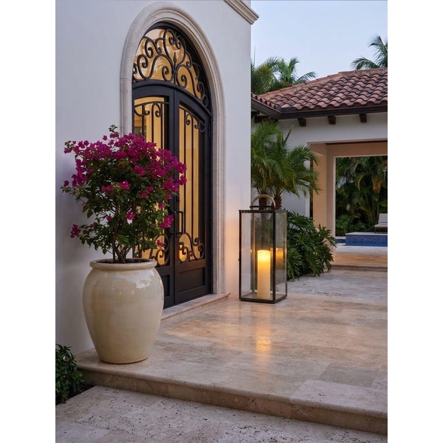 Vintage Modern Polished Gunmetal & Glass Floor Lantern With Tan Leather Handle For Sale - Image 12 of 12