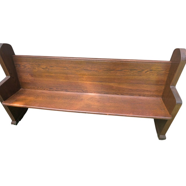 Religious Mid 20th Century Carved Solid Oak Church Pew Bench With Cross Details – 75" For Sale - Image 3 of 17