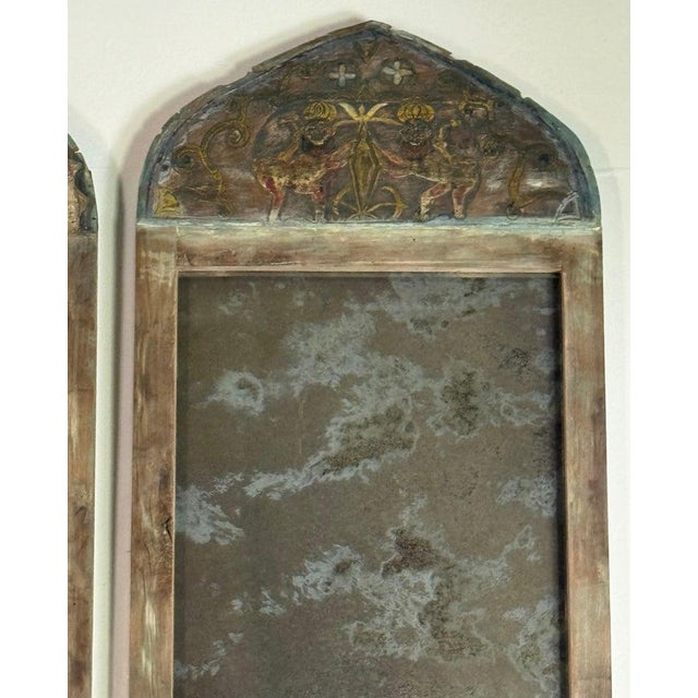 Folk Art Pair of 19th Century Painted Folk Art Arched Mirrors With Heraldic Lion Crests For Sale - Image 3 of 13