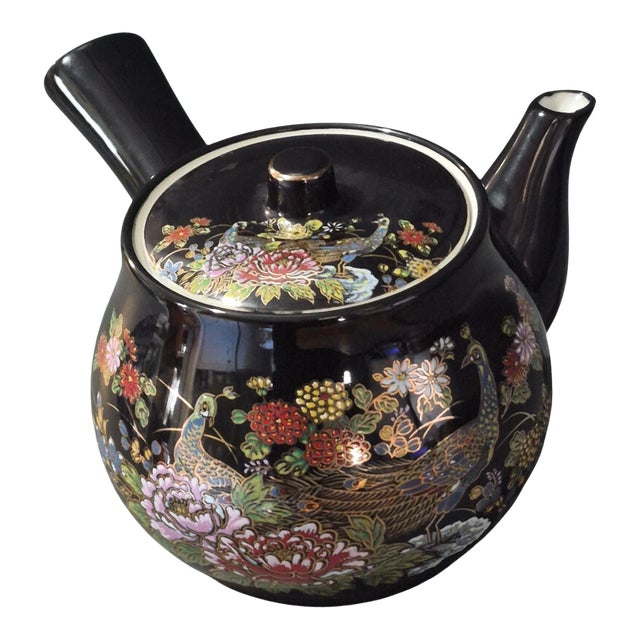 Vintage Asian Japanese Sake Pot Decorated Garden Floral Peacock Tea Pot For Sale
