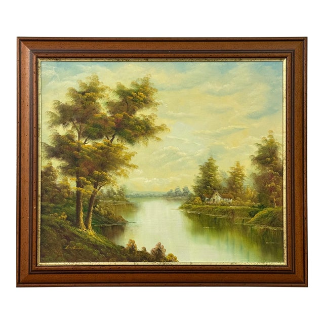 Golden haze settles on calm waters, holding a cottage in quiet reverie 1975 Circa For Sale