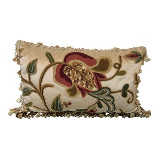 Nancy Corzine Pillow With a Double Faced Satin With an Overlay of Hand Crewel Work. For Sale