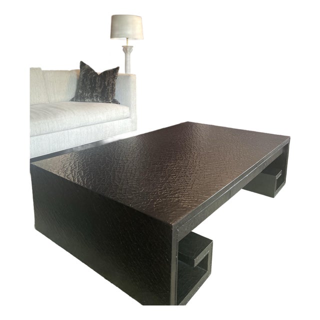 Thomas Pheasant for Baker Furniture Black Crackle Lacquer Greek Key Scroll Coffee For Sale